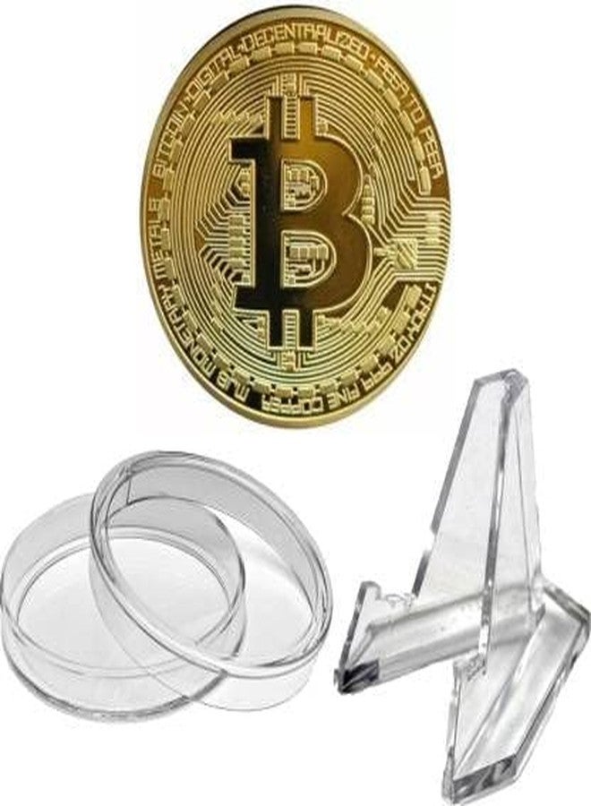 Mridshala Bitcoin with Plastic Stand and Cover, Crypto Currency Gold Colour Plated Real Metal 40MM Diameter - Image 1